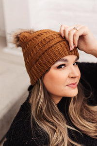 Faux Fur Pom Pom Beanie In Brown