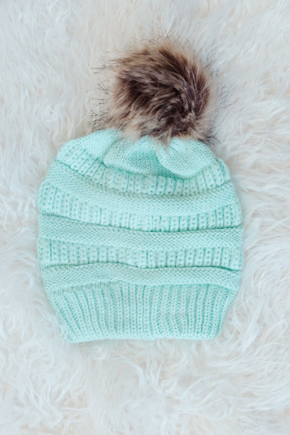 Faux Fur Pom Pom Beanie in Mint