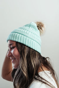 Faux Fur Pom Pom Beanie in Mint