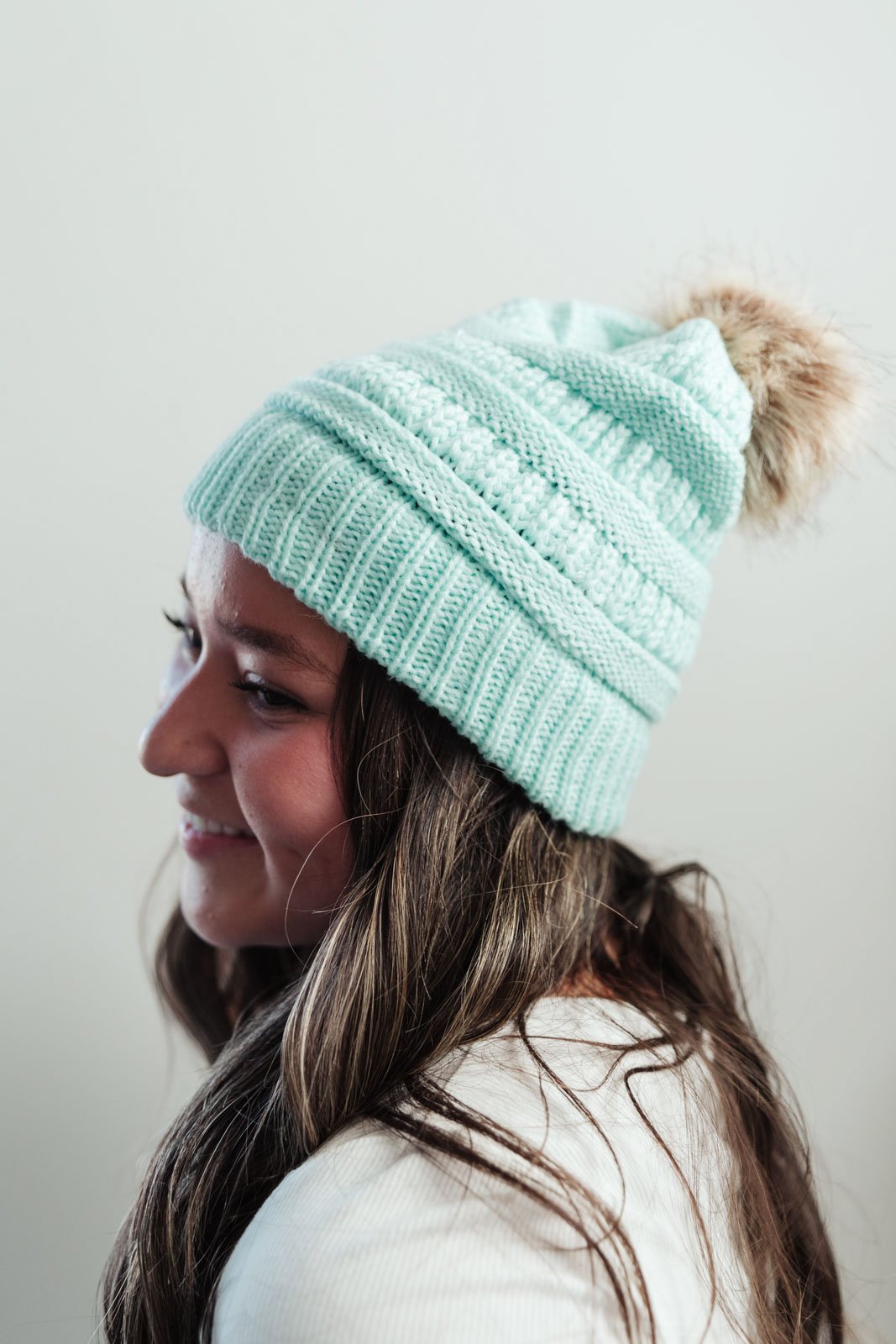 Faux Fur Pom Pom Beanie in Mint