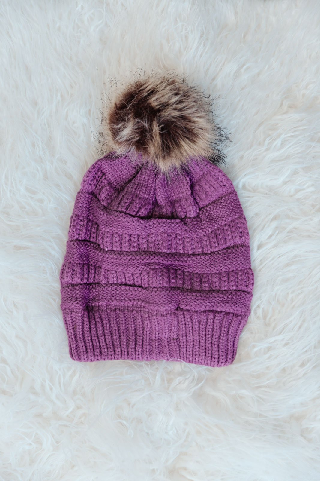 Faux Fur Pom Pom Beanie in Purple