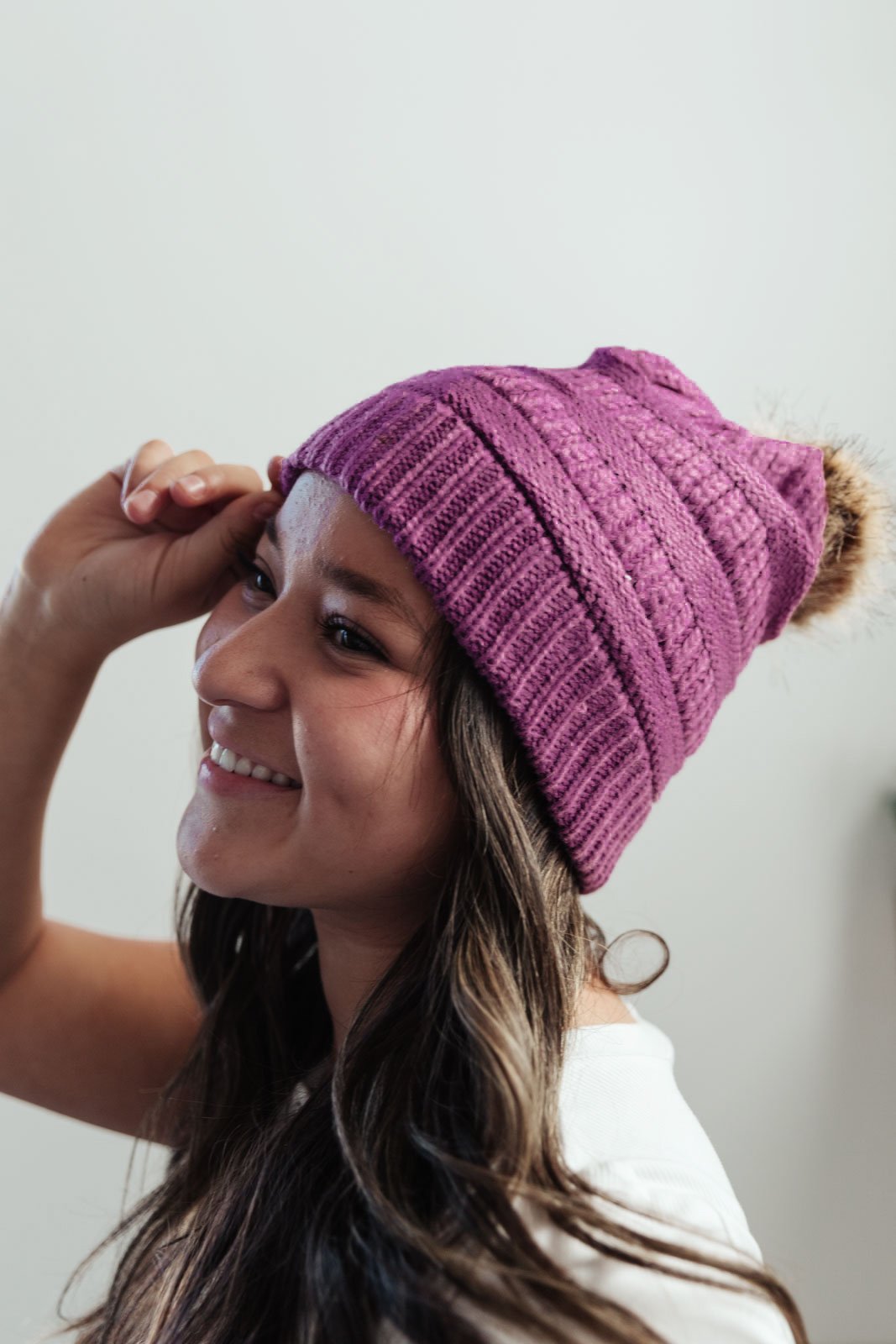 Faux Fur Pom Pom Beanie in Purple