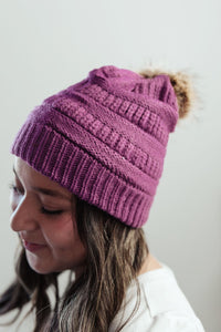 Faux Fur Pom Pom Beanie in Purple