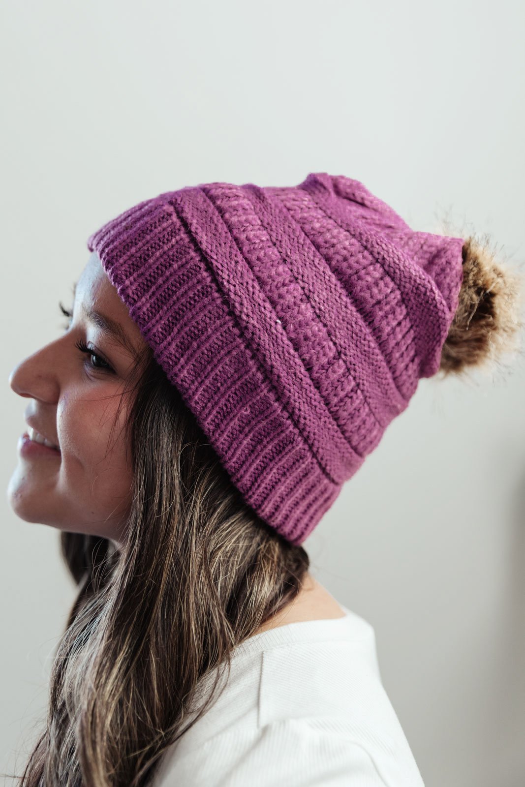 Faux Fur Pom Pom Beanie in Purple