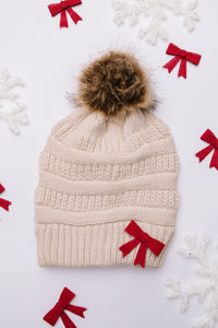 Faux Pom Pom Beanie In Beige