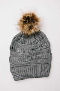 Faux Pom Pom Beanie In Slate Gray