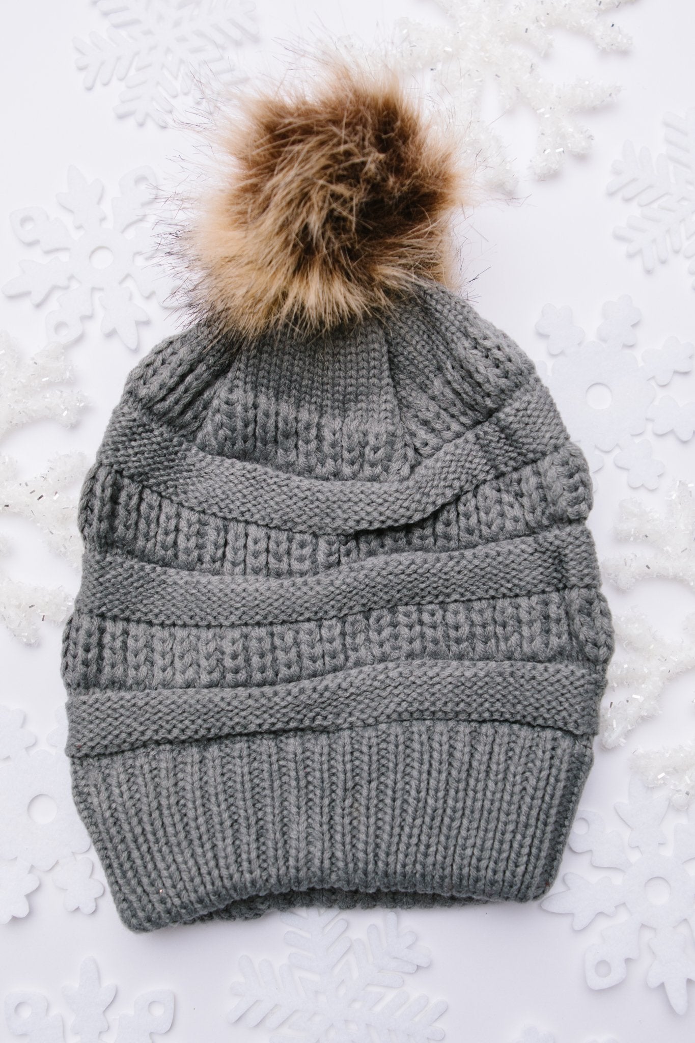 Faux Pom Pom Beanie In Slate Gray