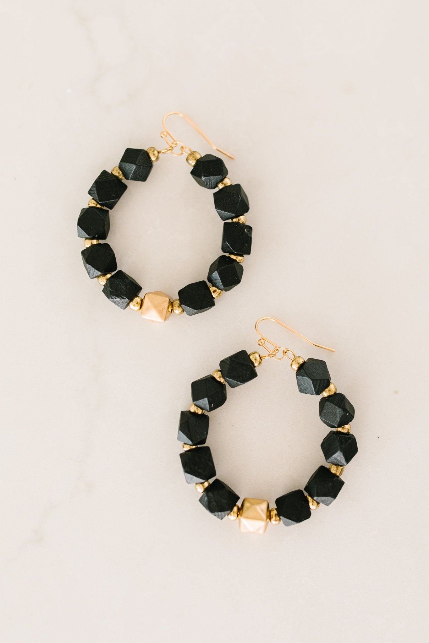 Geo Beaded Hoop Earrings in Black