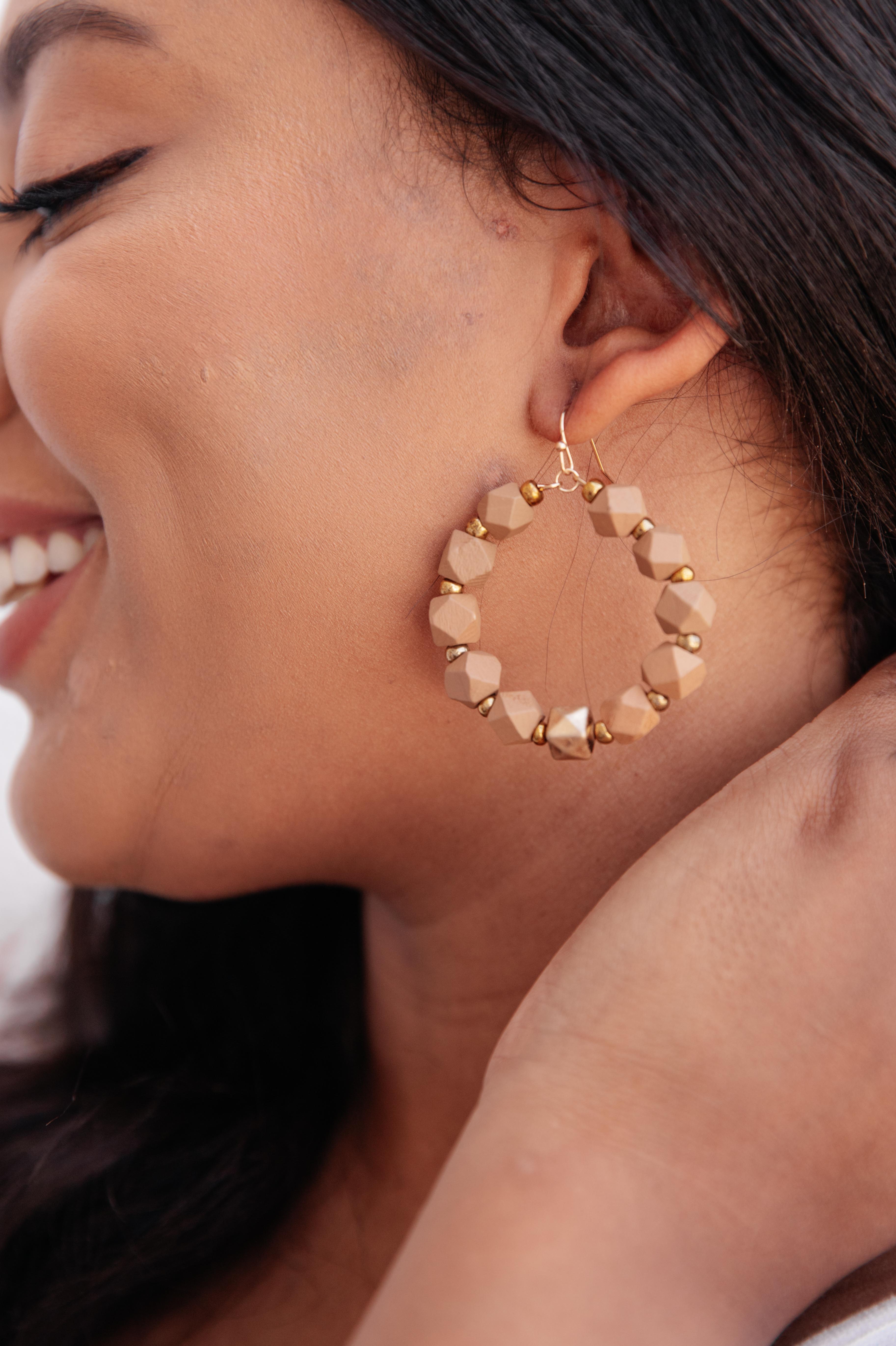 Geo Beaded Hoop Earrings in Tan