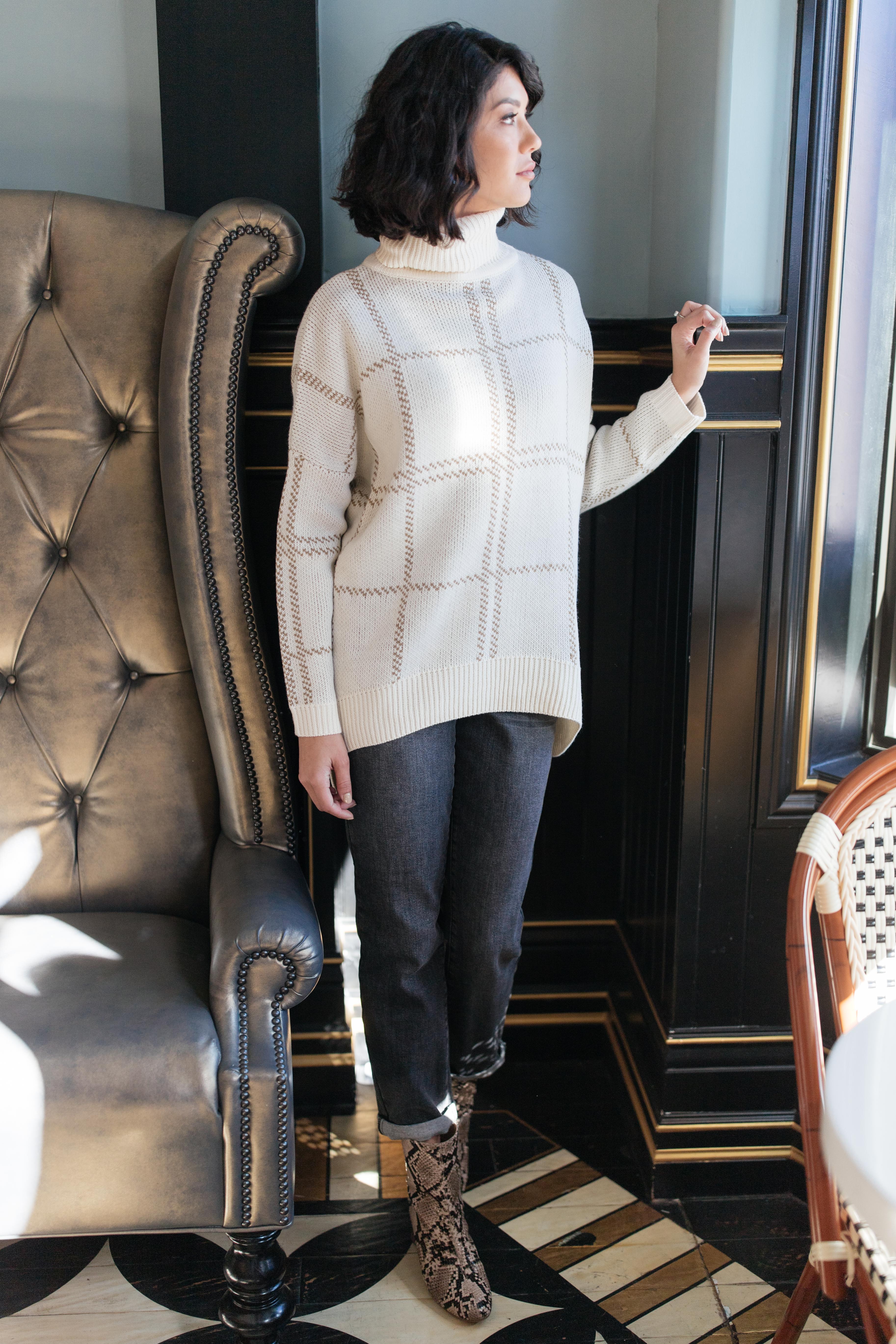 Grand Grid Print Sweater in Cream