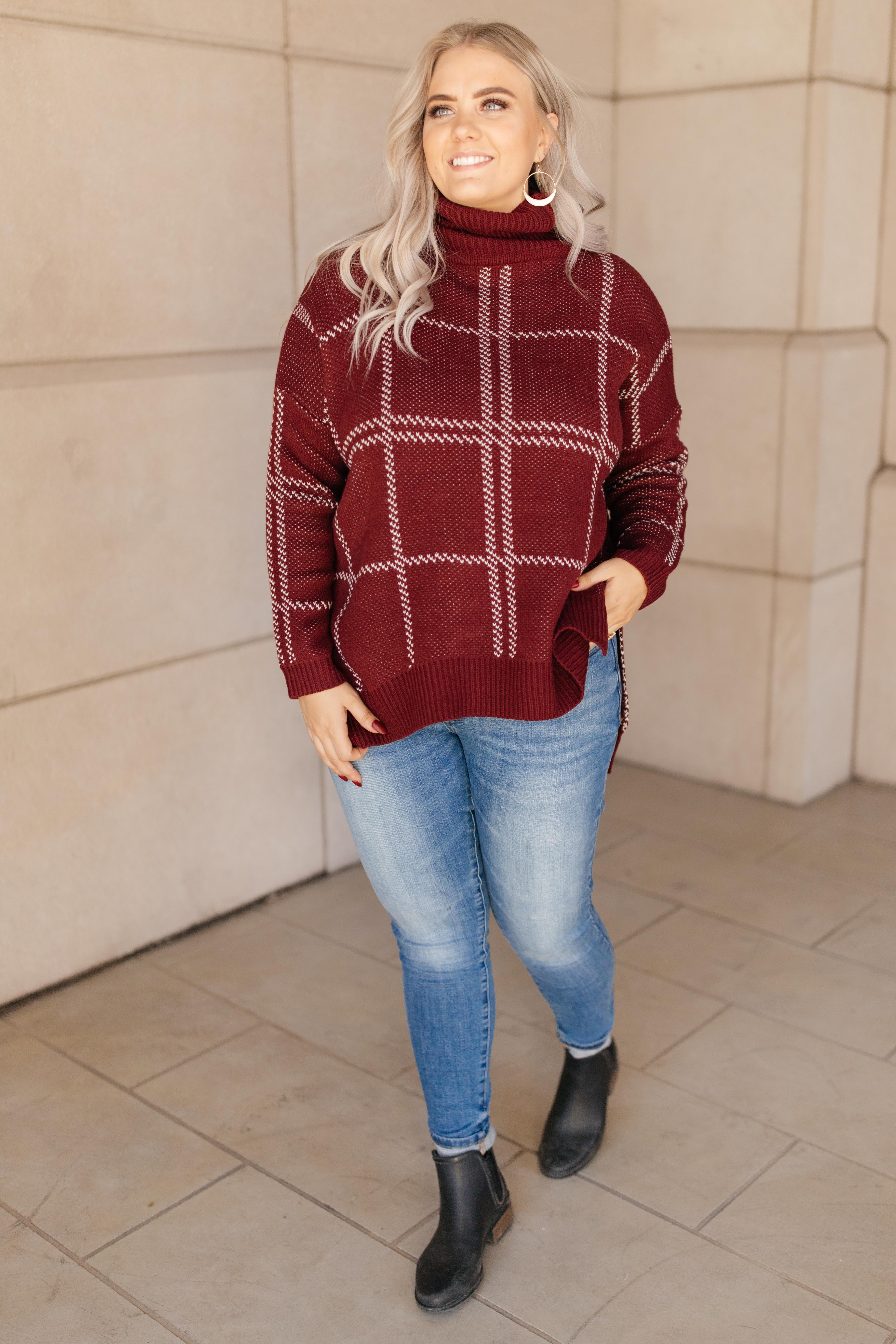 Grand Grid Print Sweater in Maroon