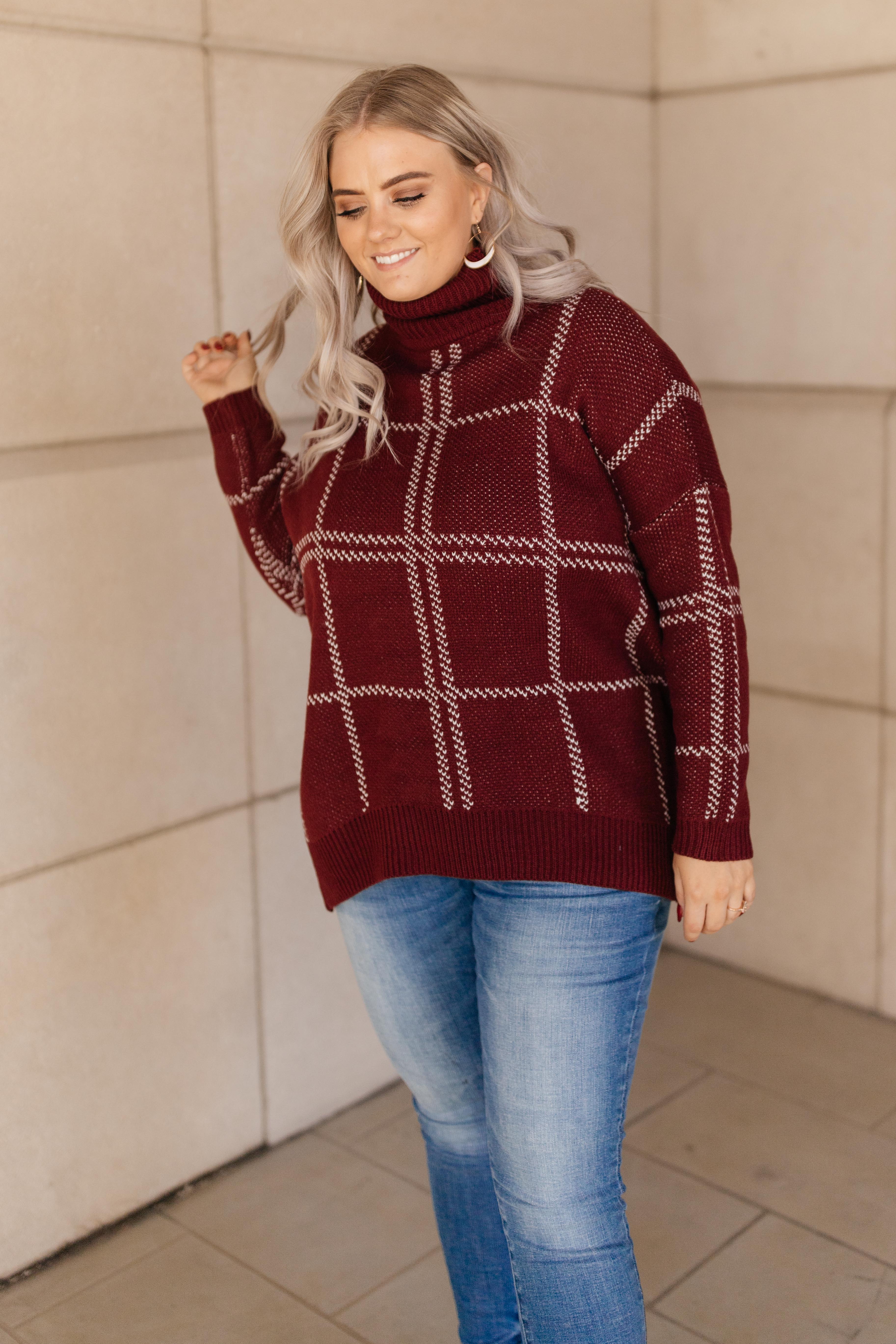 Grand Grid Print Sweater in Maroon