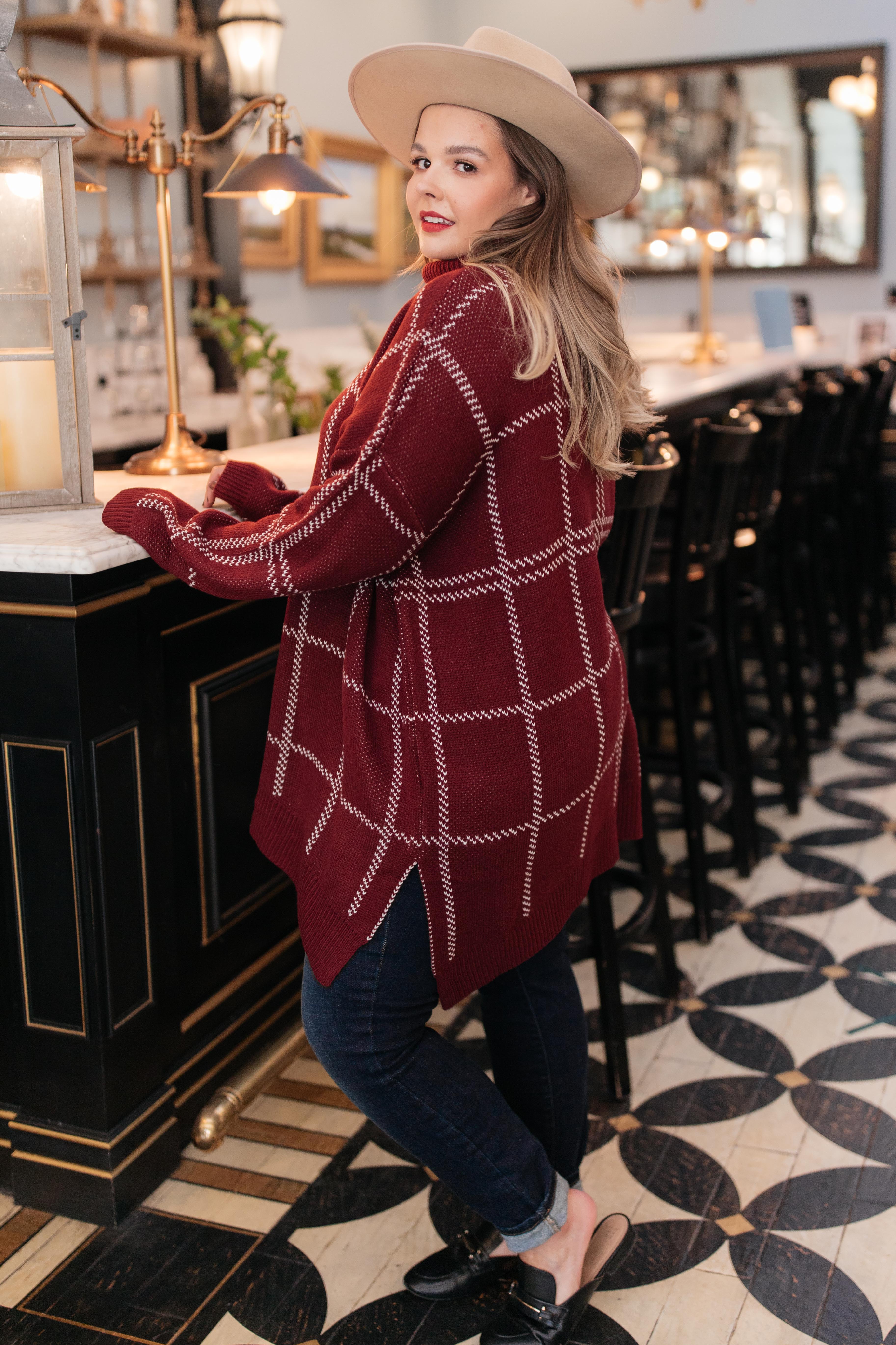 Grand Grid Print Sweater in Maroon