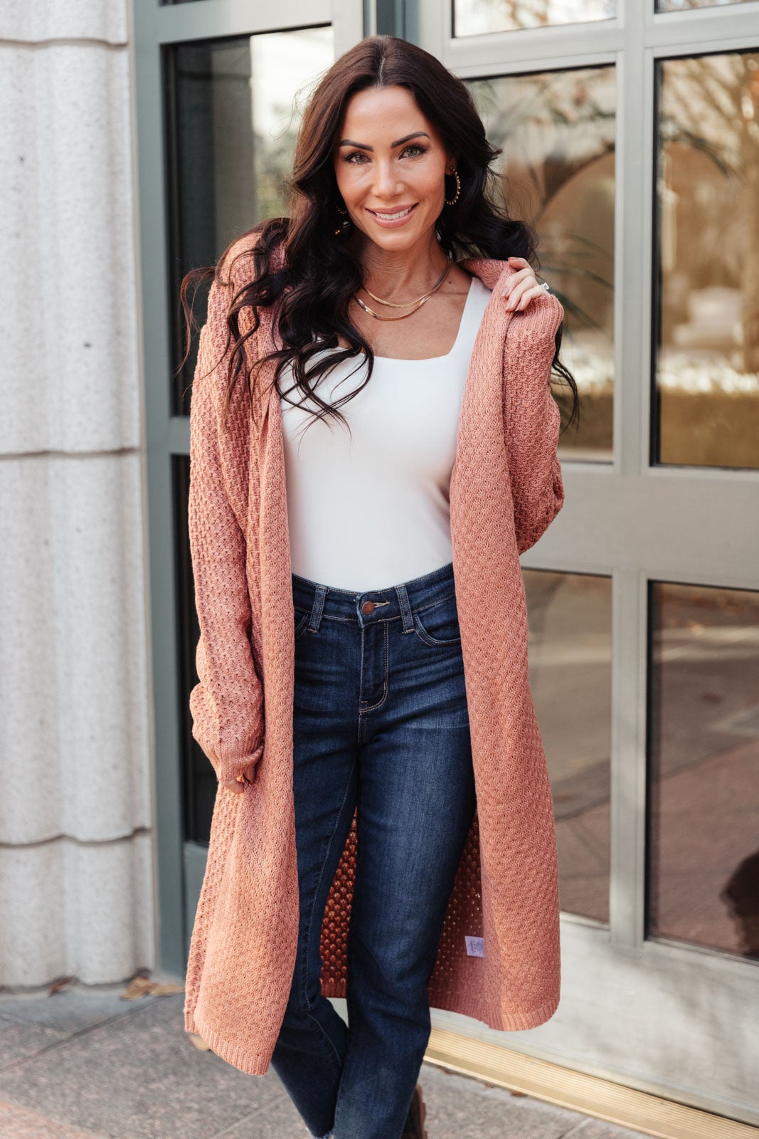 Hooded Cardigan In Red Sand