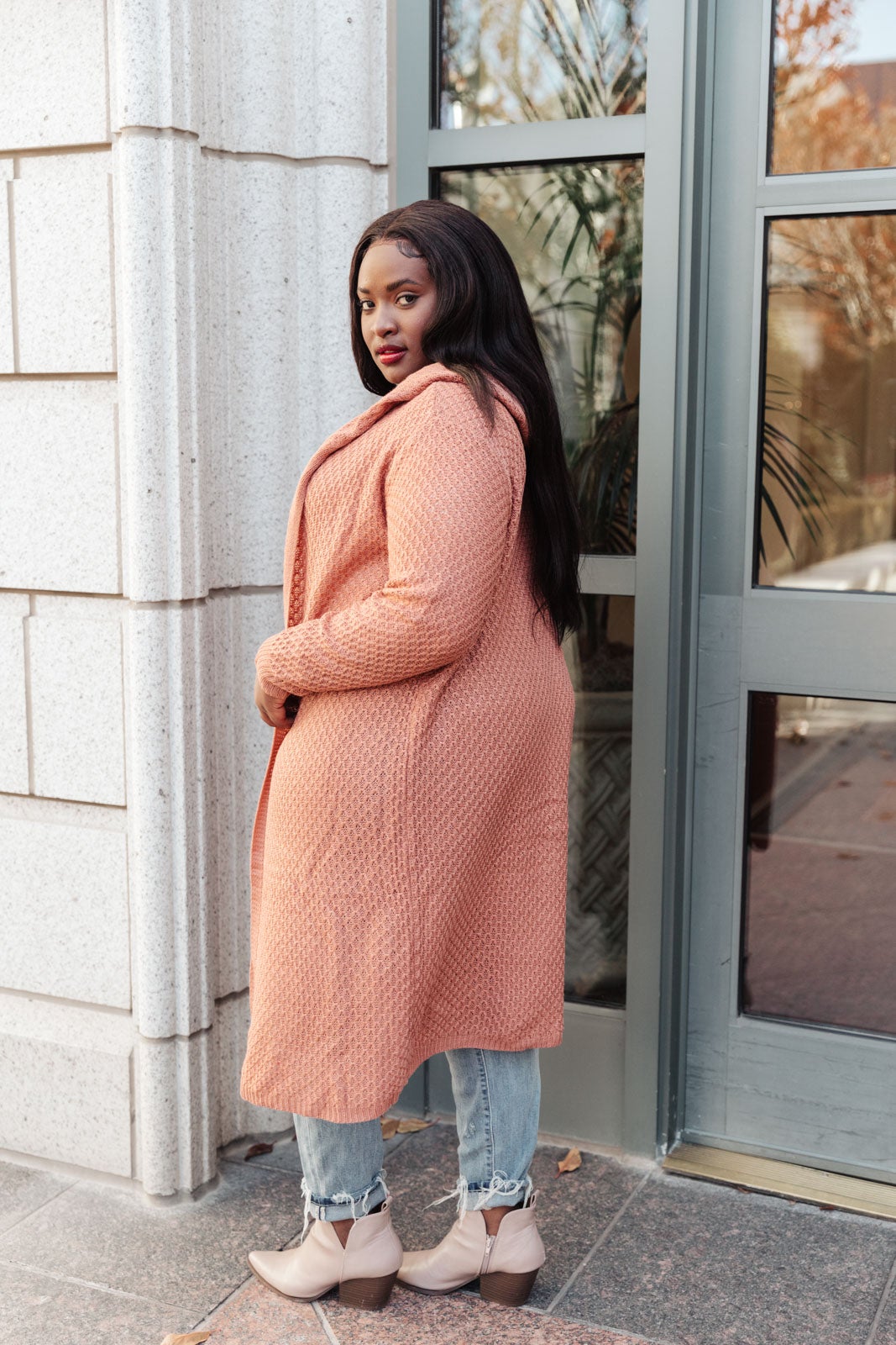 Hooded Cardigan In Red Sand