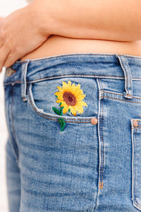 Hi-Rise Relaxed Sunflower Embroidery Jeans