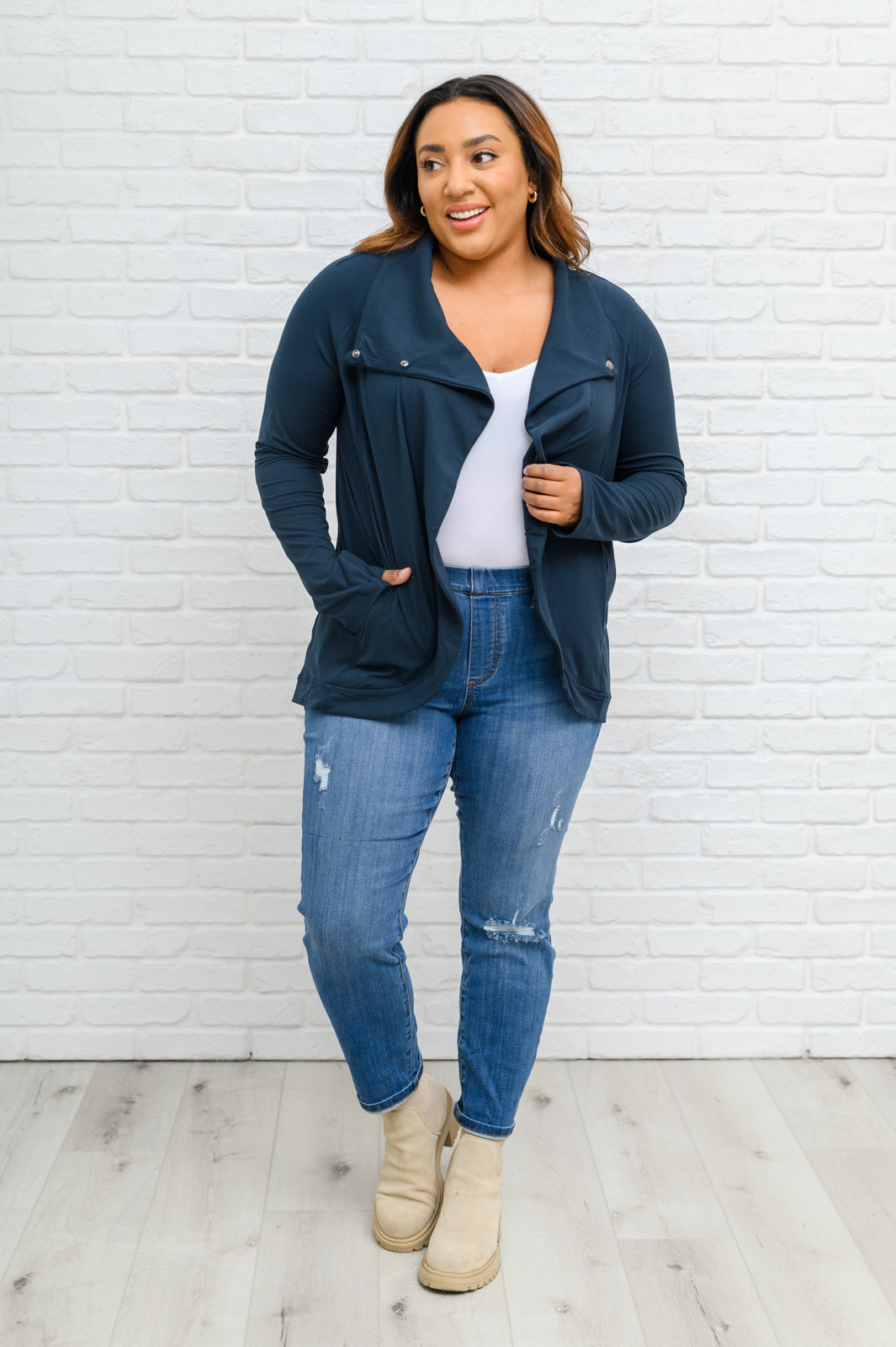 Janie Asymmetric Cowl Neck Jacket In Navy