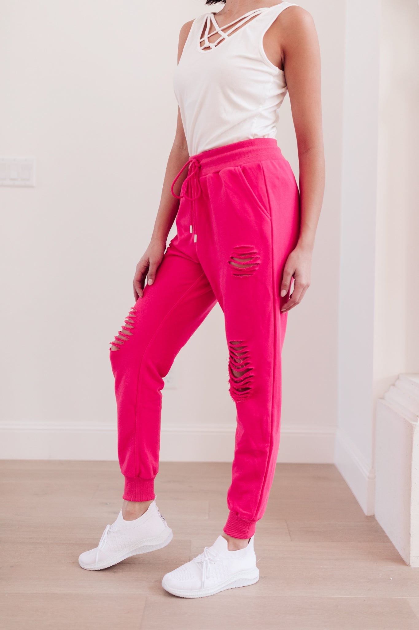 Kick Back Distressed Joggers Hot Pink