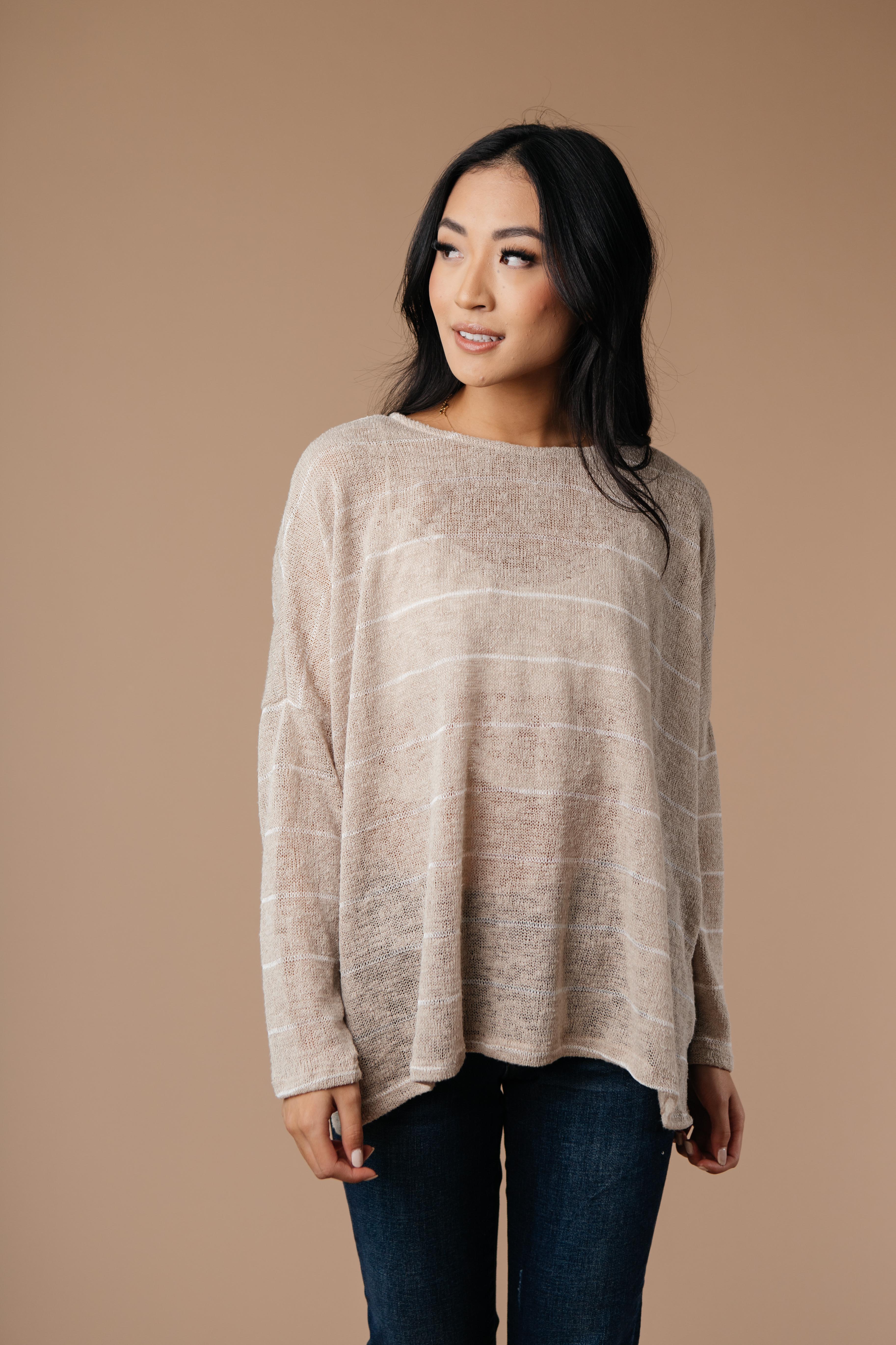 Lightweight Striped Pullover In Taupe