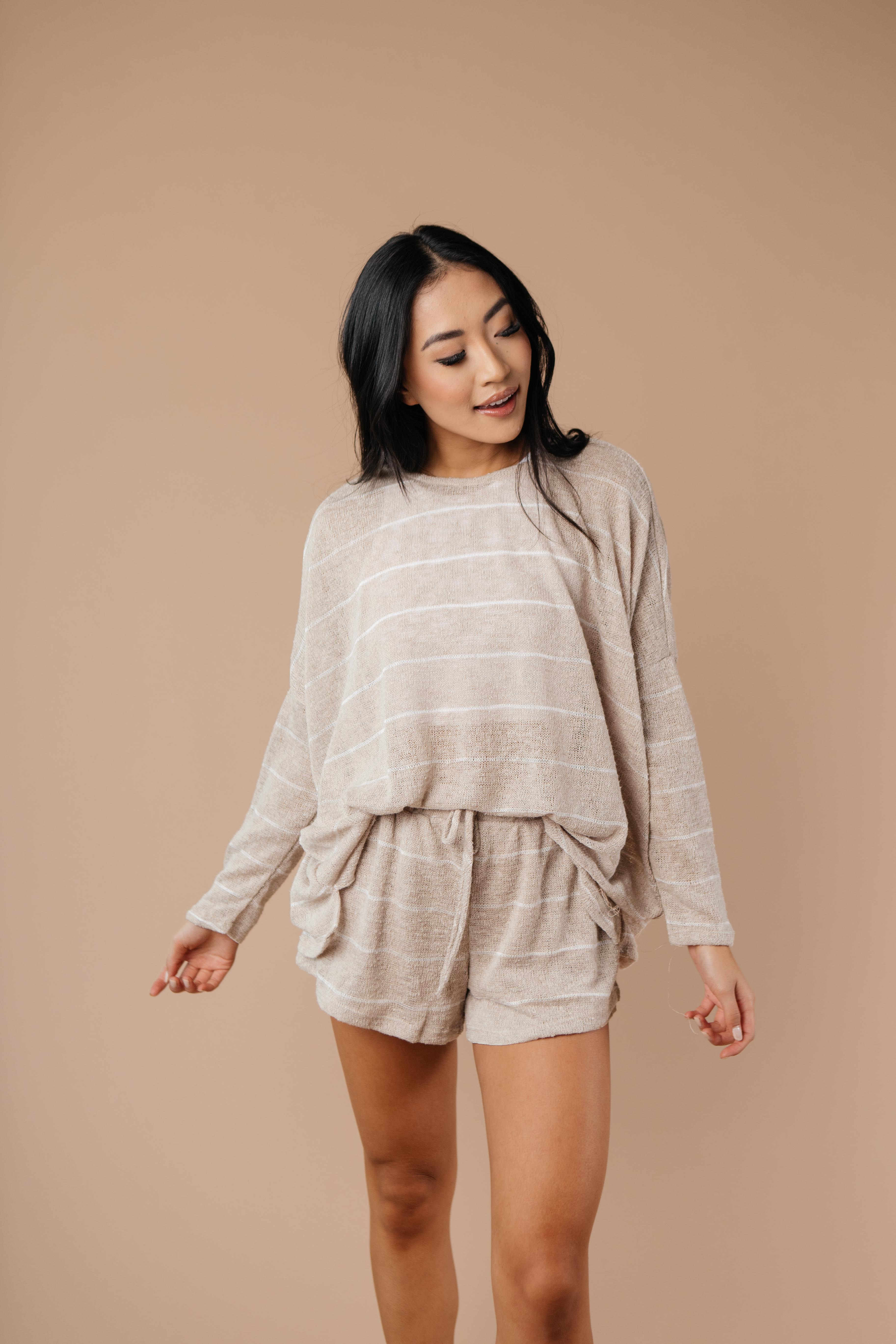 Lightweight Striped Pullover In Taupe