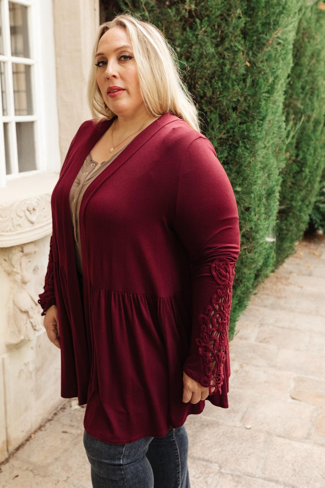 Little Bit Of Lace Cardigan in Burgundy