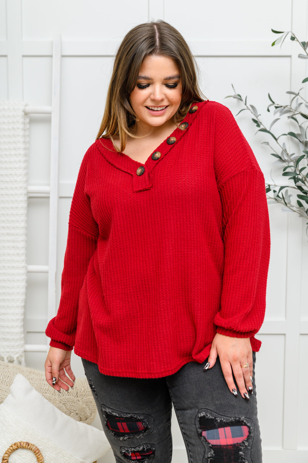 Long Sleeve Waffle Knit Top In Cranberry