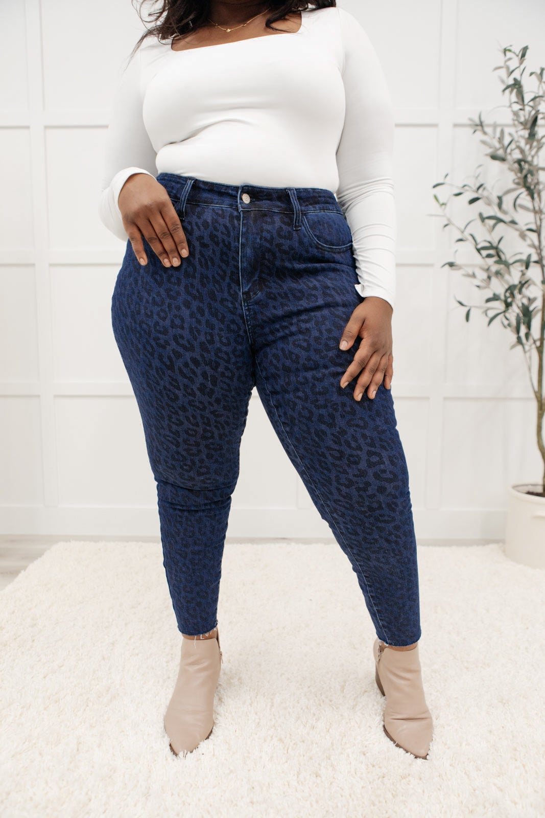 Mid-Rise Cheetah Print Skinnies in Denim