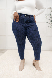 Mid-Rise Cheetah Print Skinnies in Denim