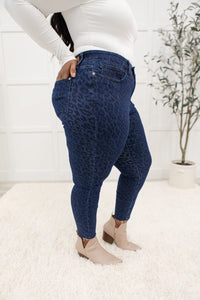 Mid-Rise Cheetah Print Skinnies in Denim