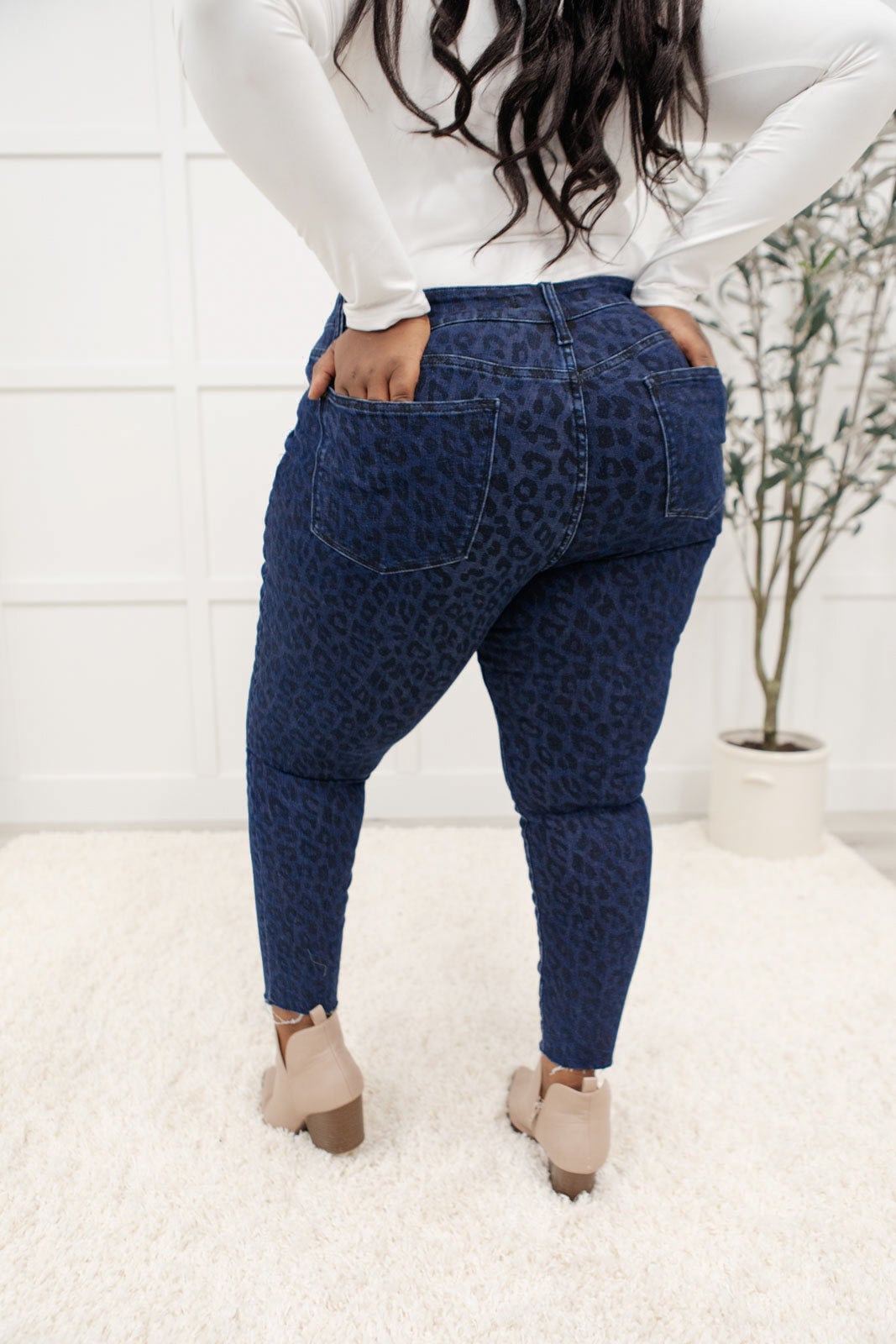 Mid-Rise Cheetah Print Skinnies in Denim