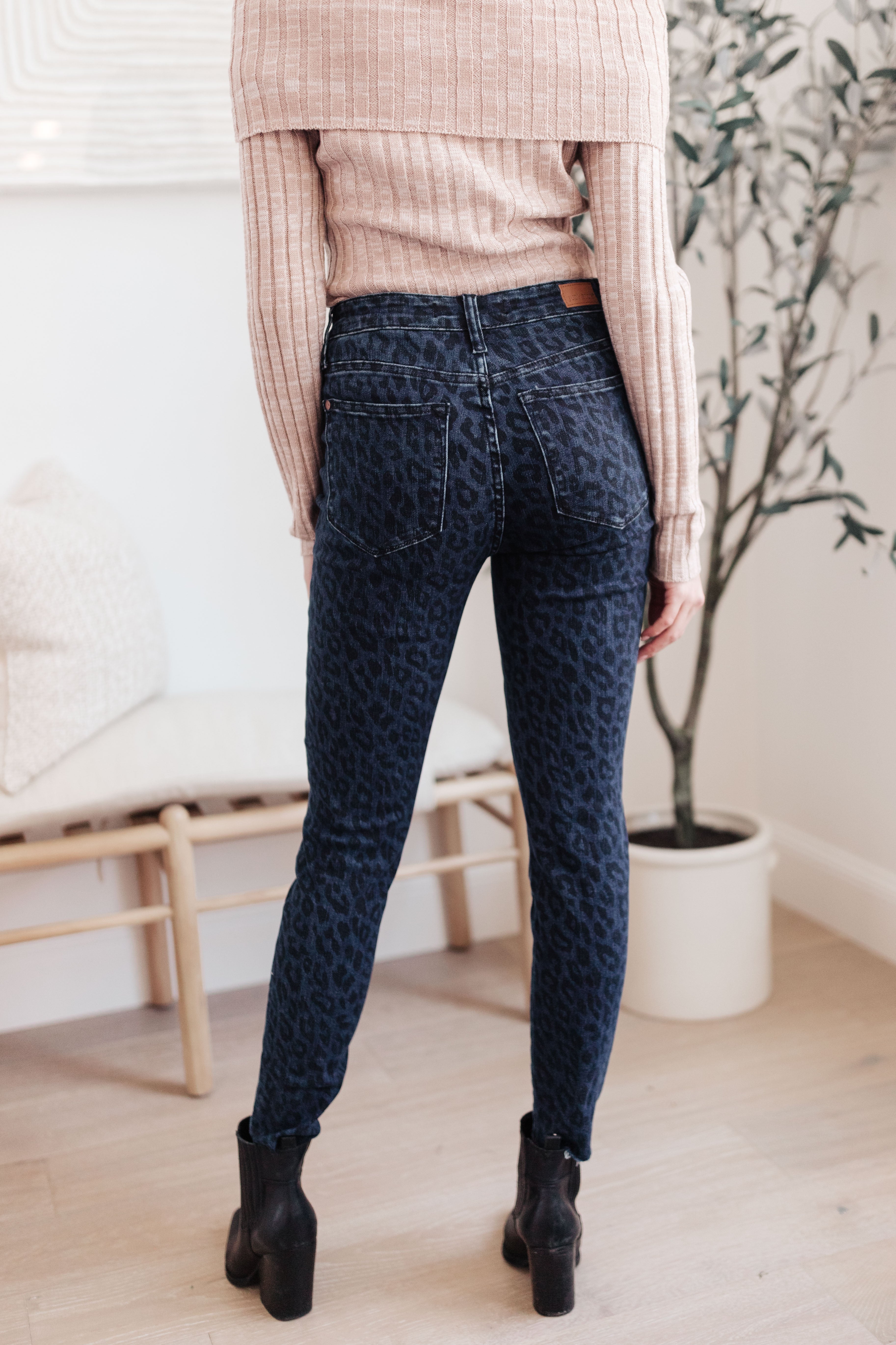 Mid-Rise Cheetah Print Skinnies in Denim