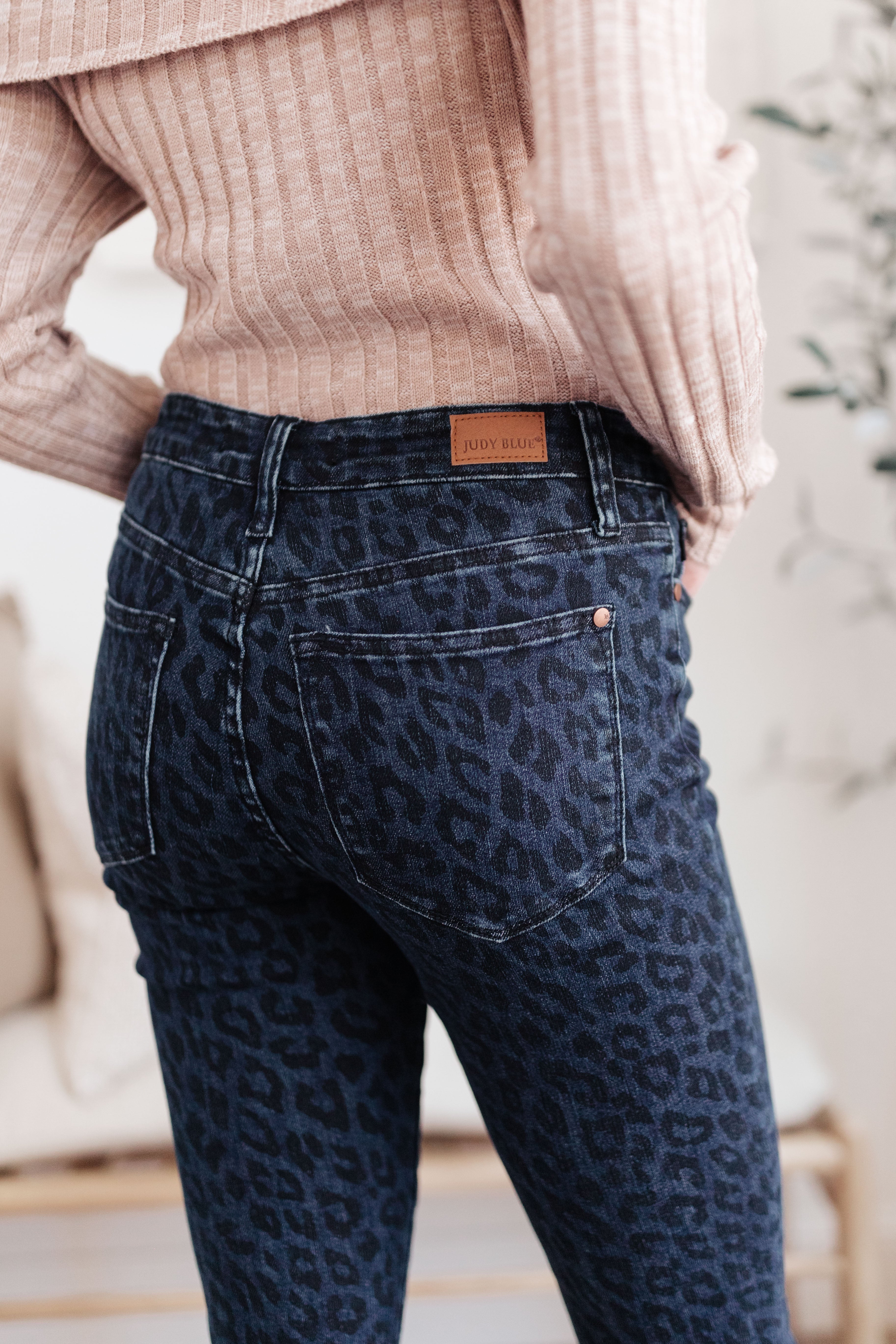 Mid-Rise Cheetah Print Skinnies in Denim