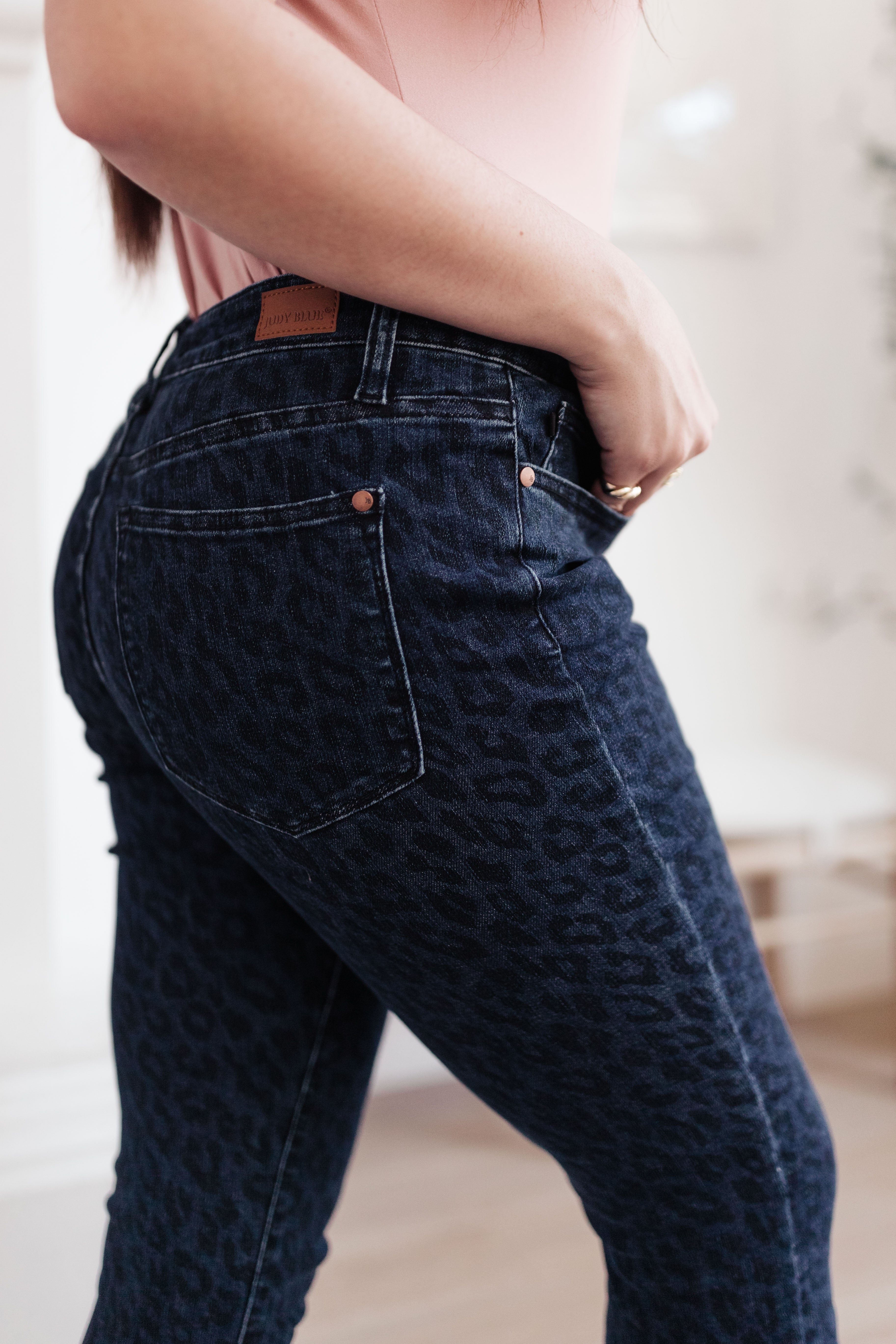 Mid-Rise Cheetah Print Skinnies in Denim