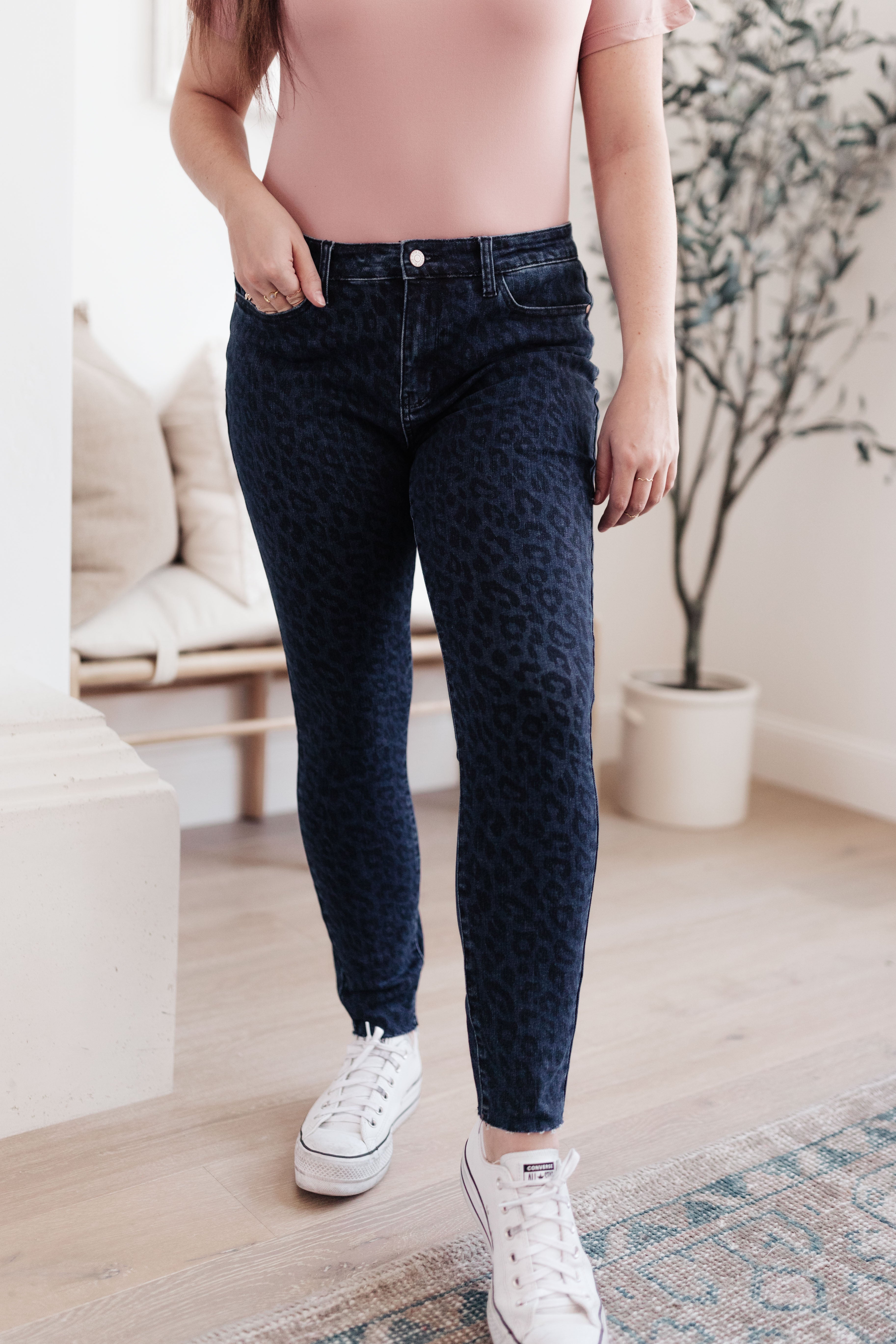 Mid-Rise Cheetah Print Skinnies in Denim