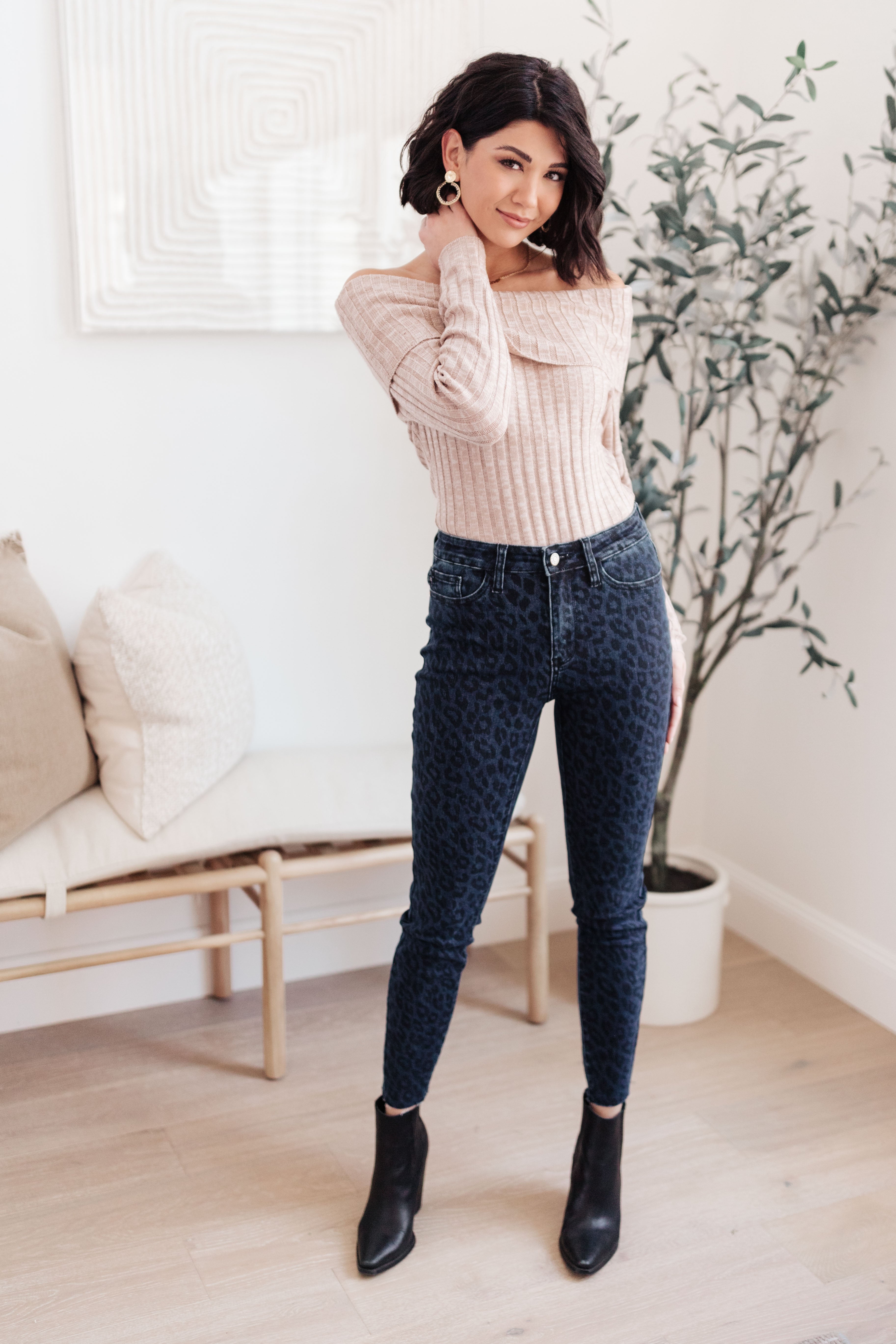 Mid-Rise Cheetah Print Skinnies in Denim