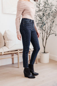 Mid-Rise Cheetah Print Skinnies in Denim