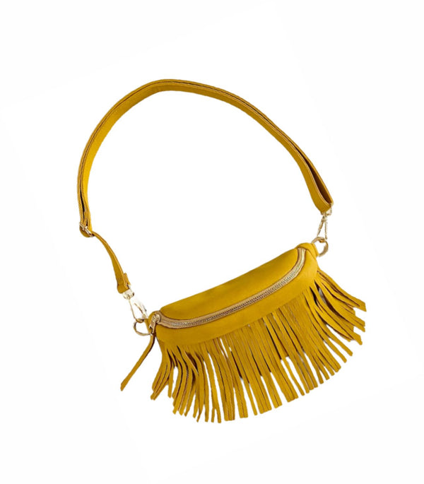 PREORDER: Suede Removeable Fringe Fanny Pack Bum Bag in Mustard