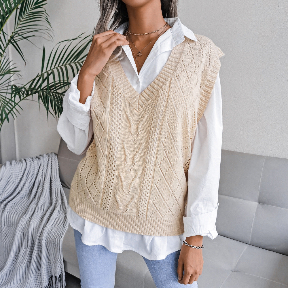 Openwork Ribbed Trim V-Neck Capped Sleeve Sweater Vest