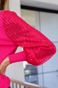 One Wild Night Sequin Sleeves Top In Fuchsia