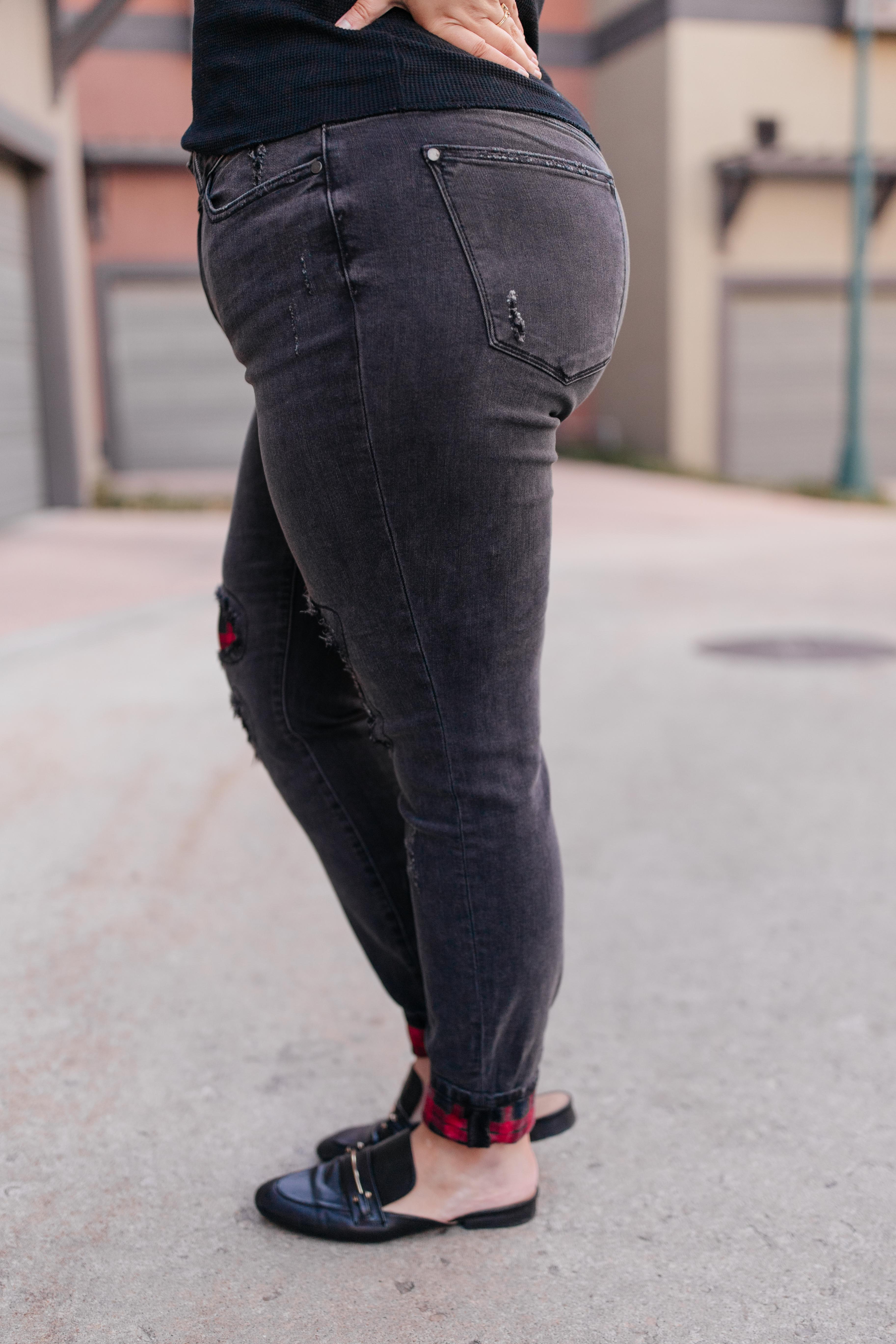 Plaid Peek-A-Boo Jeans in Charcoal