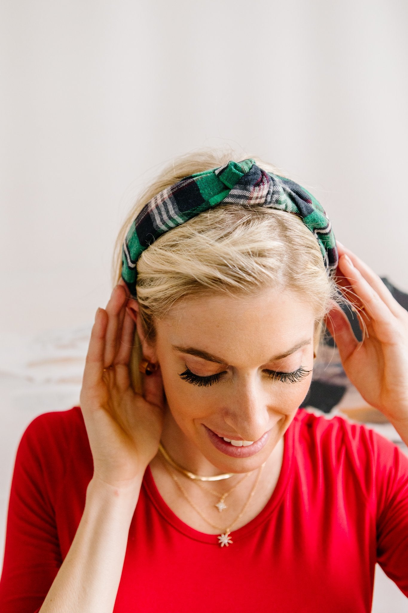 Plaid Top Knot Headband in Green