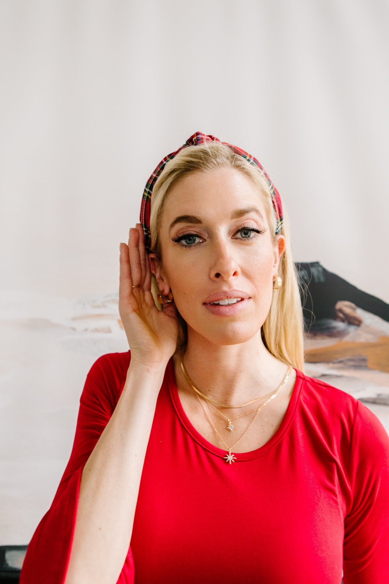 Plaid Top Knot Headband in Red