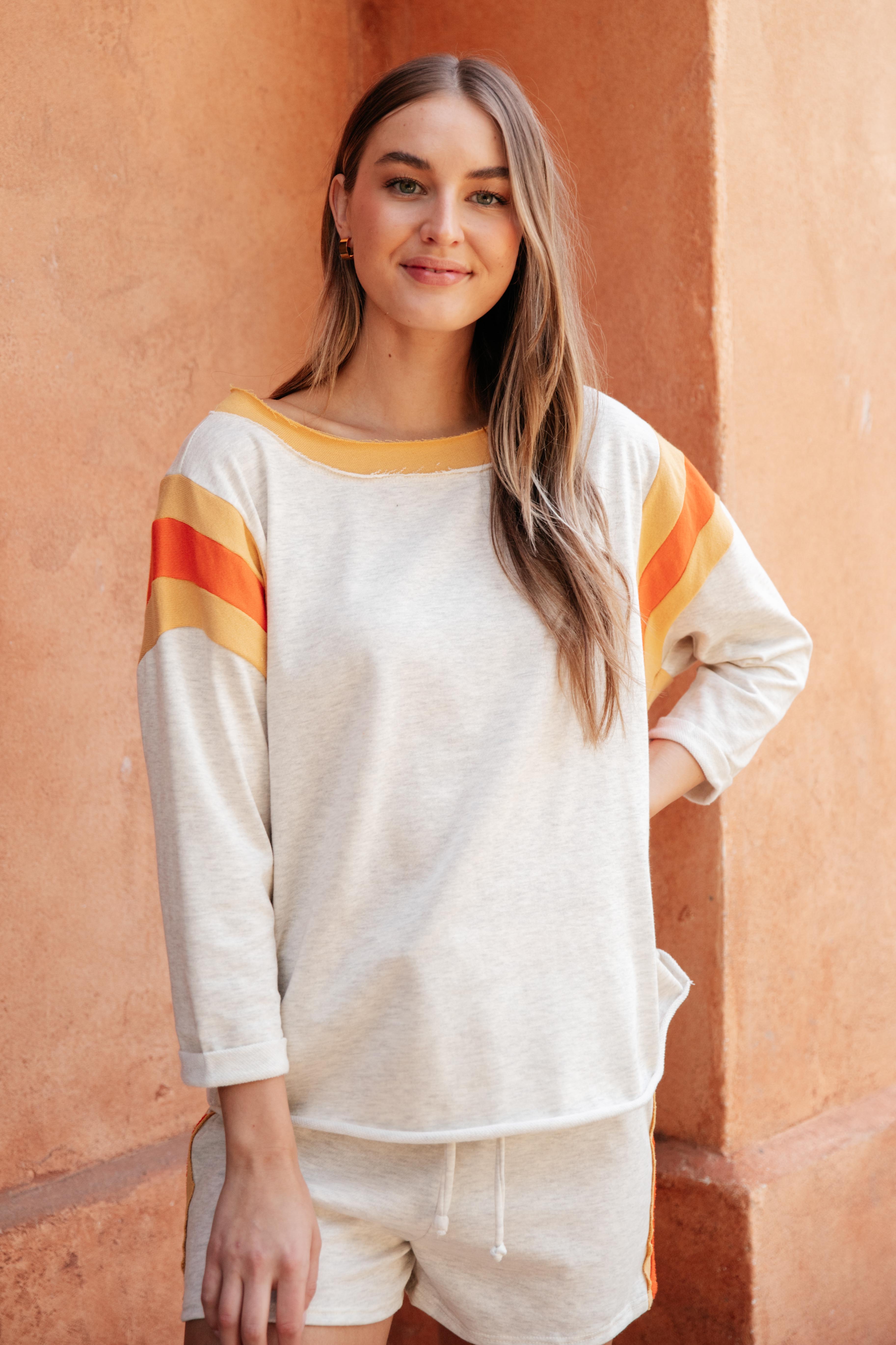 Sporty Stripe Pullover In Oatmeal