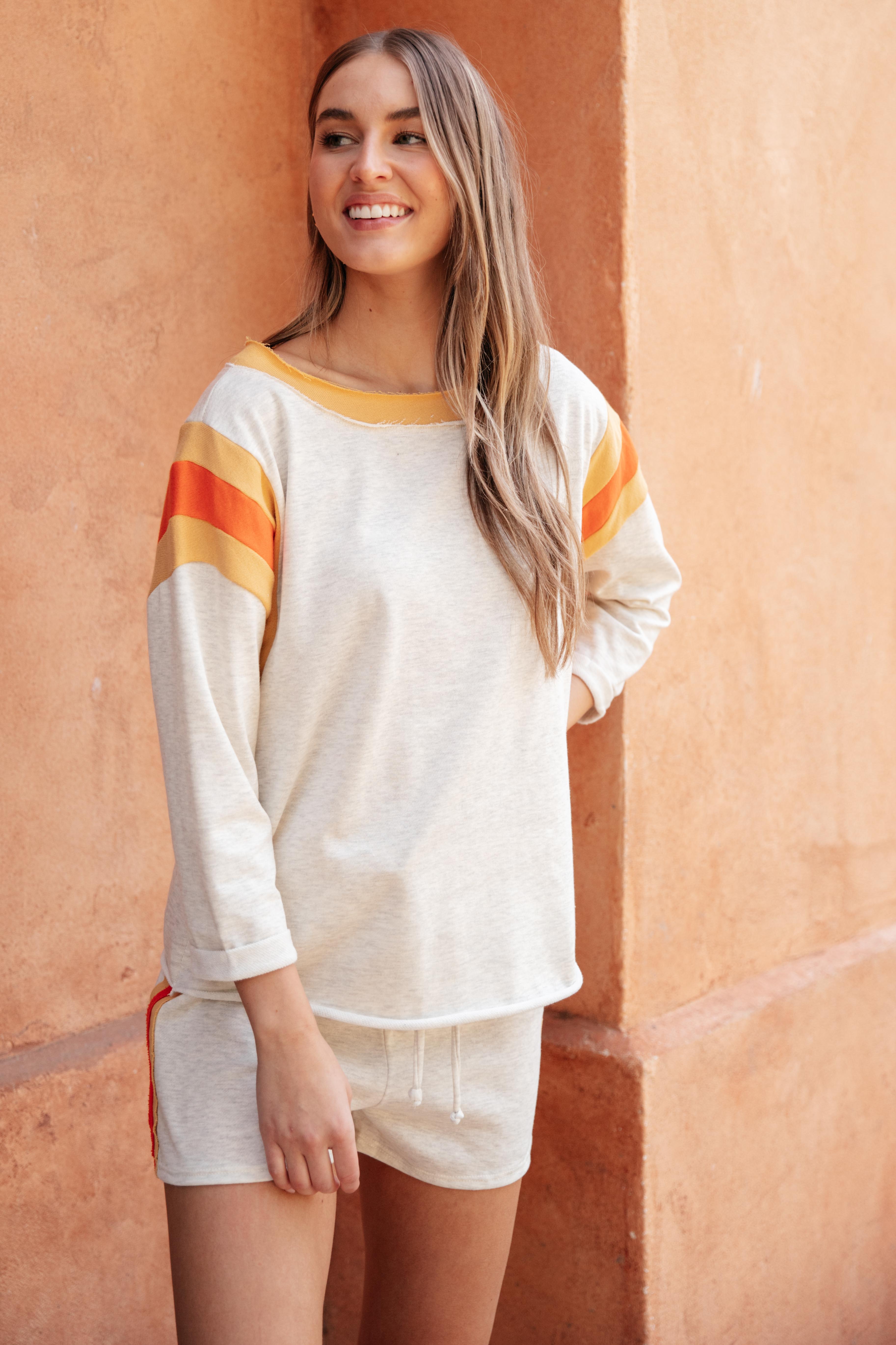 Sporty Stripe Pullover In Oatmeal