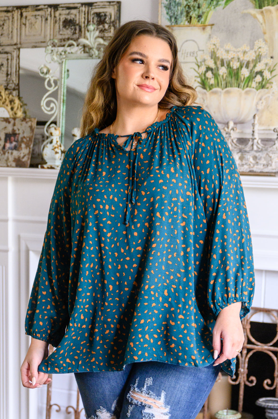 The Time Is Now Spotted Blouse In Teal