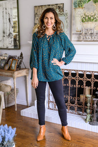 The Time Is Now Spotted Blouse In Teal