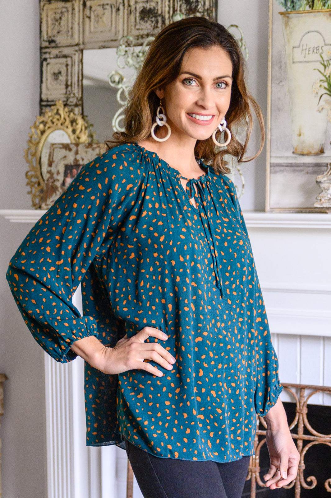 The Time Is Now Spotted Blouse In Teal