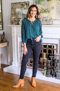 The Time Is Now Spotted Blouse In Teal