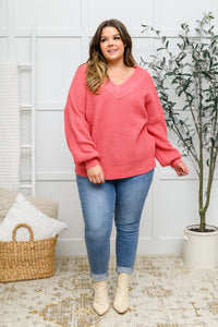 Wide V Neck Waffle Knit Sweater In Rose