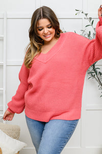 Wide V Neck Waffle Knit Sweater In Rose